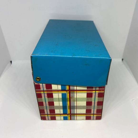 Vintage Tin 1950's Recipe Box Plaid Ohio Art Co Blue Red w/ Handwritten Recipes - Picture 6 of 8